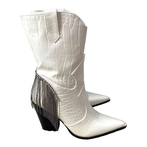 Nasty Gal‎ Faux Croc Fringe Rhinestone White Western Boots Size US Size 6, EU 37 - Picture 2 of 10